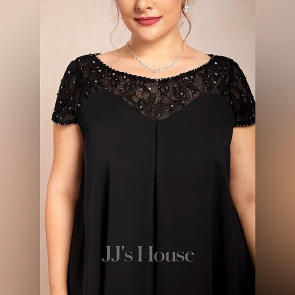 NWT JJ’s House Empire Chiffon Lace Sequin Modest Formal Dress in Black | 8 - Picture 2 of 7